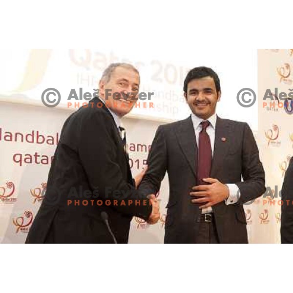 Dr.Hassan Moustafa, IHF president and Sheikh Joaan bin Hamad Al Thani of Qatar Handball 2015 at press conference before semifinal matches at Handball World Championships 2013 in Barcelona, Spain on January 24, 2013 