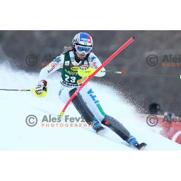 Manuela Moellg of Italy skiing in first run of Audi FIS Ski World Cup slalom for 49.Golden Fox Trophy-Zlata Lisica in Maribor, Slovenia in January 27, 2013 