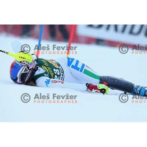 Manuela Moellg of Italy skiing in first run of Audi FIS Ski World Cup slalom for 49.Golden Fox Trophy-Zlata Lisica in Maribor, Slovenia in January 27, 2013 