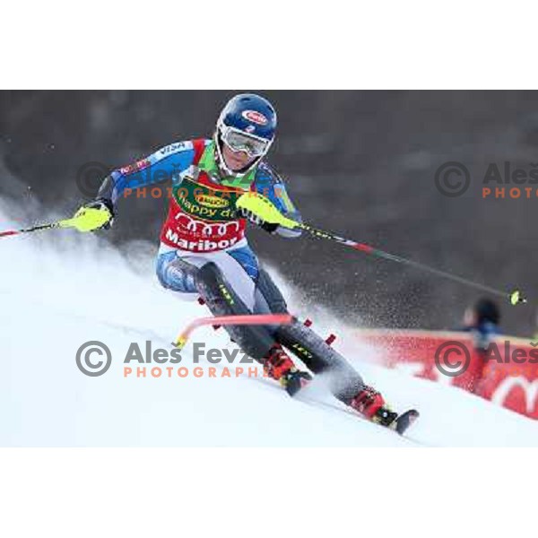 Mikaela Shiffrin (USA) skiing in first run of Audi FIS Ski World Cup slalom for 49.Golden Fox Trophy-Zlata Lisica in Maribor, Slovenia in January 27, 2013 
