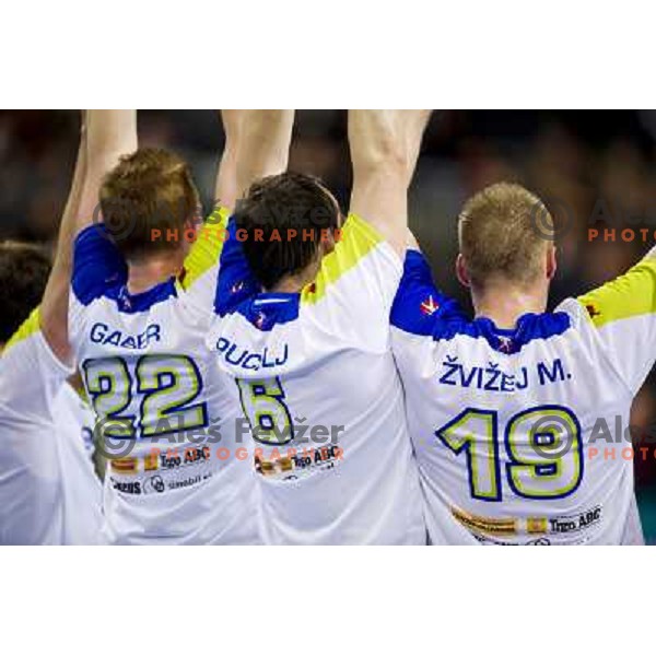 Players of Slovenia in action during bronze match between Slovenia and Croatia at Handball World Championships 2013 in Barcelona, Spain on January 26, 2013 