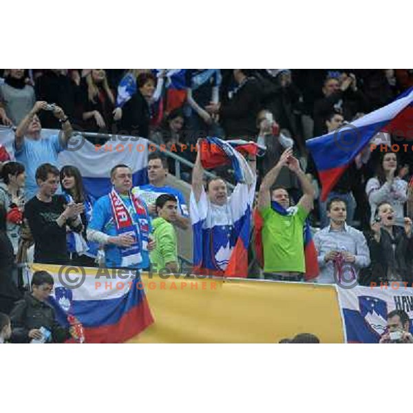 Fans of Slovenia in action during semi-final match between Slovenia and Spain at Handball World Championships 2013 in Barcelona, Spain on January 25, 2013 