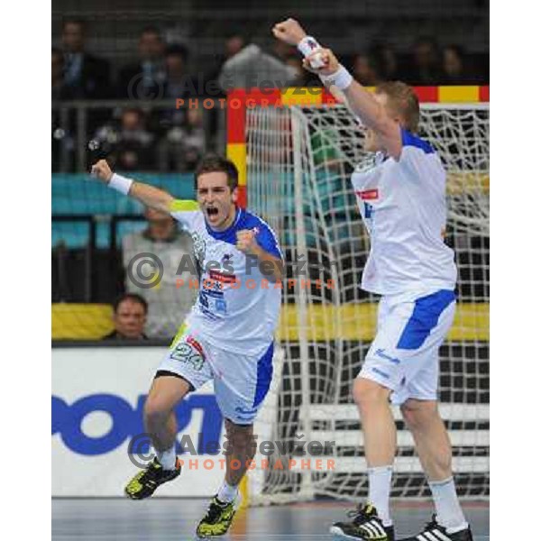 Gasper Marguc, Miha Zvizej of Slovenia in action during semi-final match between Slovenia and Spain at Handball World Championships 2013 in Barcelona, Spain on January 25, 2013 