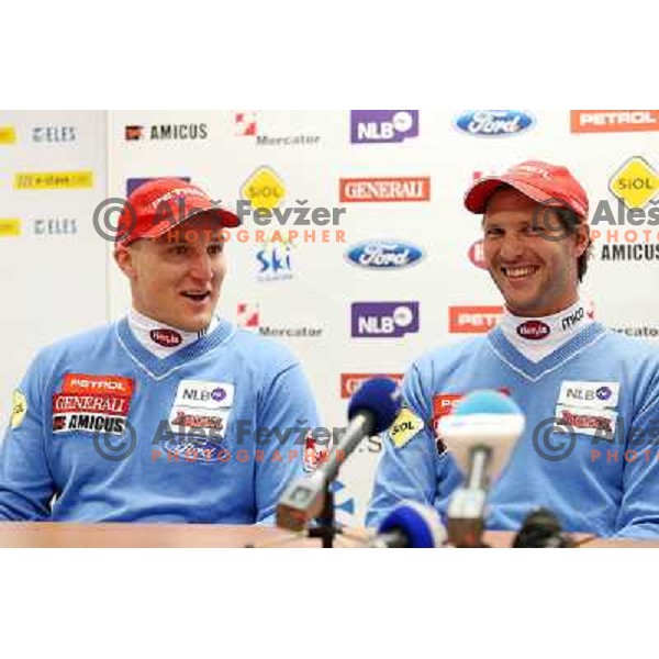Andrej Sporn and Andrej Jerman, best slovenian downhill skier who announced ending of his racing career at press conference in Ljubljana on January 28, 2012 