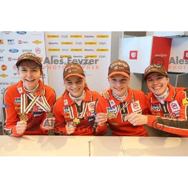 Katja Pozun, Spela Roglej, Ema Klinec, Ursa Bogataj of Slovenia Nordic Ski jumping team at press conference in Ljubljana on January 29, 2013 