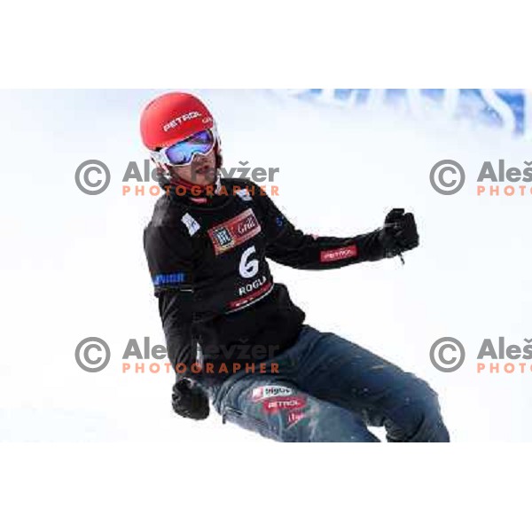Zan Kosir of Slovenia during Men\'s Parallel Giant Slalom, FIS Snowboard World Cup at Rogla, Slovenia on February 8, 2013 