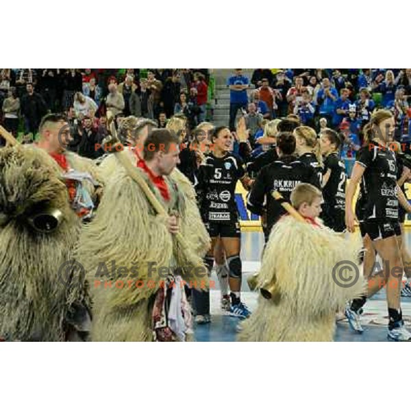 Krim players in action during handball match Krim Mercator - Oltchim Valcea in EHF Women\'s Champion league, played in Arena Stozice, Ljubljana, Slovenia on February 10, 2013 