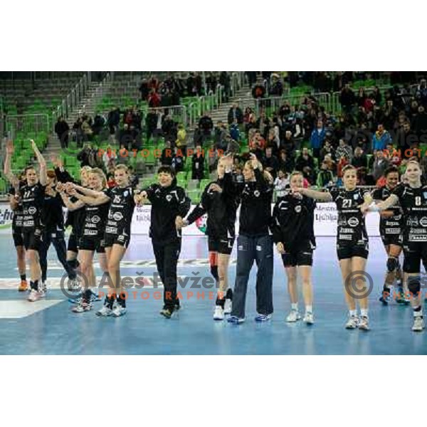 Krim players in action during handball match Krim Mercator - Oltchim Valcea in EHF Women\'s Champion league, played in Arena Stozice, Ljubljana, Slovenia on February 10, 2013 