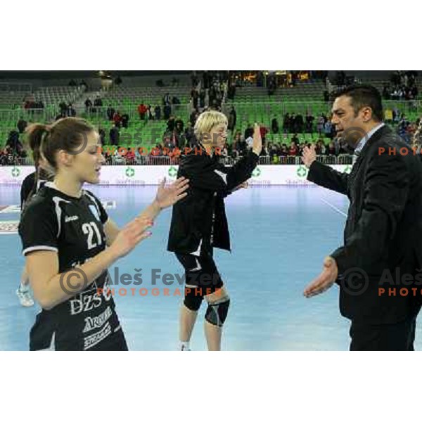 Alja Jankovic, Marina Vergelyuk of Krim Mercator in action during handball match Krim Mercator - Oltchim Valcea in EHF Women\'s Champion league, played in Arena Stozice, Ljubljana, Slovenia on February 10, 2013 