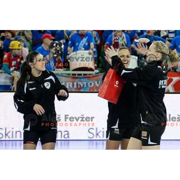 Carmen Martin, Nina Worz, Olivia Piedade of Krim Mercator in action during handball match Krim Mercator - Oltchim Valcea in EHF Women\'s Champion league, played in Arena Stozice, Ljubljana, Slovenia on February 10, 2013 