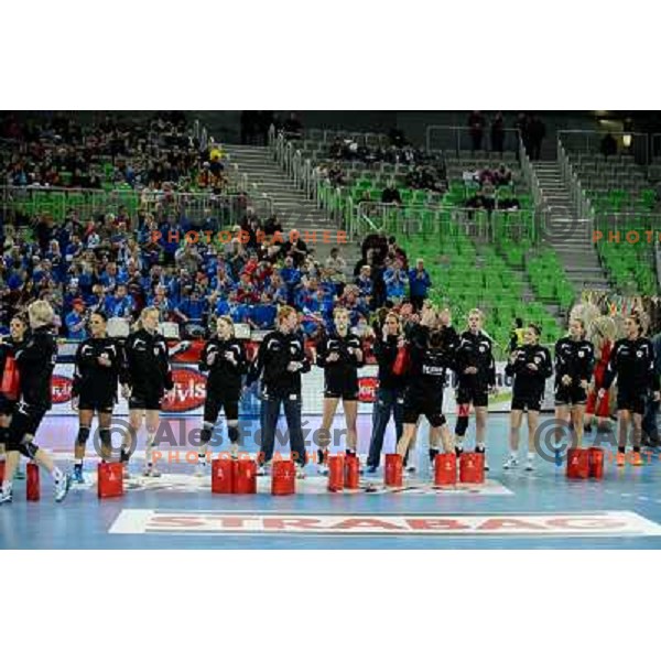 Krim Mercator players in action during handball match Krim Mercator - Oltchim Valcea in EHF Women\'s Champion league, played in Arena Stozice, Ljubljana, Slovenia on February 10, 2013 