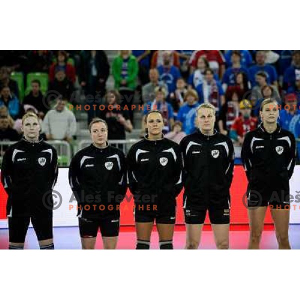 Krim Mercator players in action during handball match Krim Mercator - Oltchim Valcea in EHF Women\'s Champion league, played in Arena Stozice, Ljubljana, Slovenia on February 10, 2013 