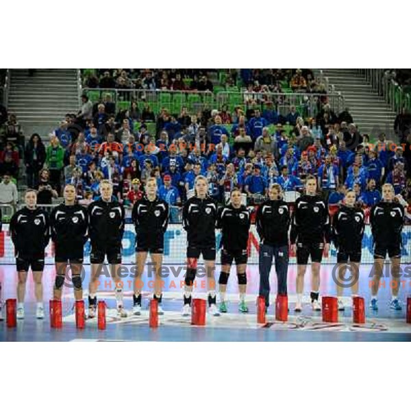 Krim Mercator players in action during handball match Krim Mercator - Oltchim Valcea in EHF Women\'s Champion league, played in Arena Stozice, Ljubljana, Slovenia on February 10, 2013 