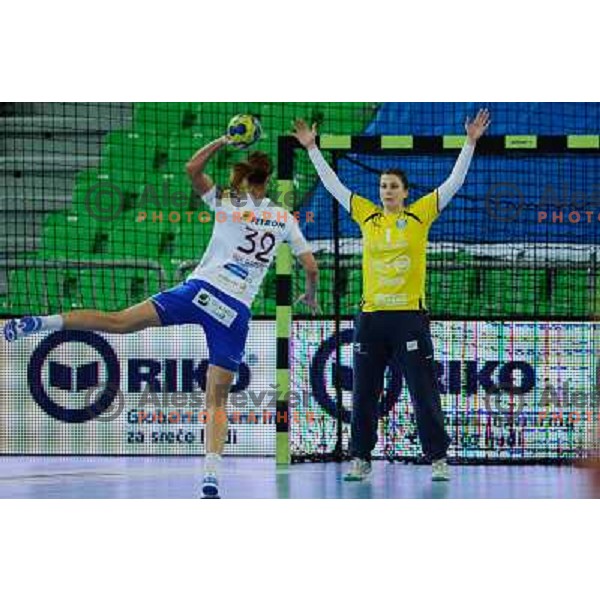 Jelena Grubisic of Krim Mercator in action during handball match Krim Mercator - Oltchim Valcea in EHF Women\'s Champion league, played in Arena Stozice, Ljubljana, Slovenia on February 10, 2013 