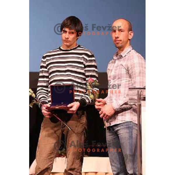 luka Stražar and Nejc Marcic during Annual Bloudek Prizes, event in hotel Union, Ljubljana, Slovenia on February 12, 2013 