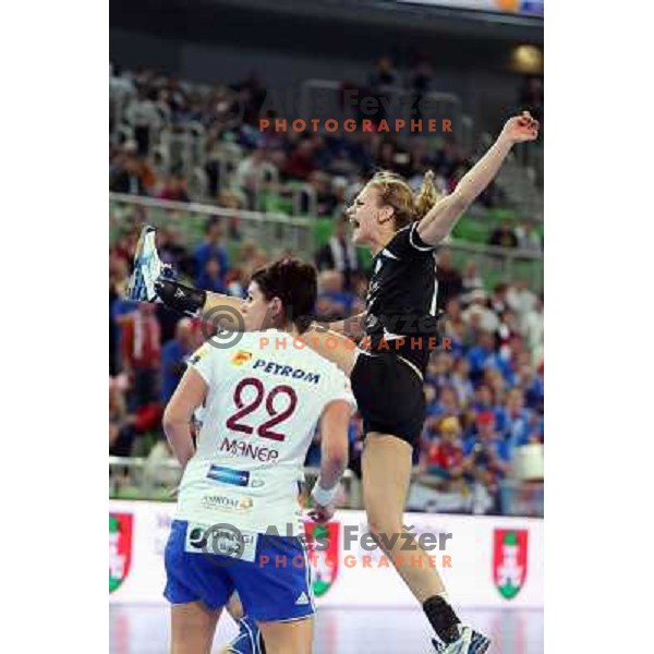 Barbara Lazovic of Krim Mercator in action during handball match Krim Mercator-Oltchim Valcea in EHF Women\'s Champions league, played in Arena Stozice, Ljubljana, Slovenia on February 10, 2013 