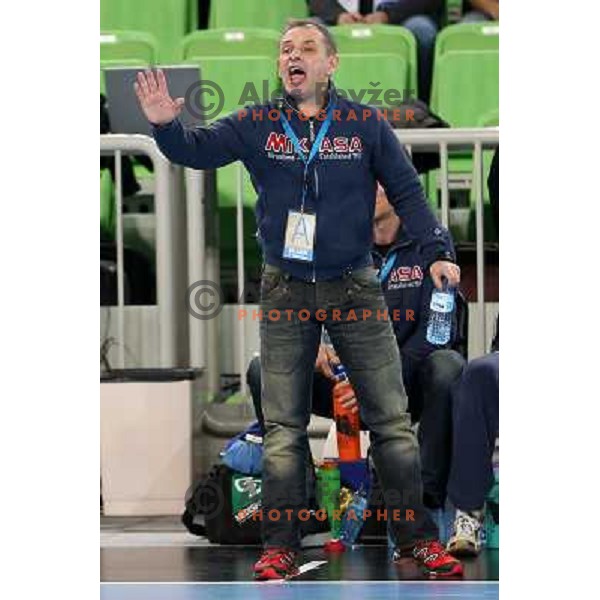 Tone Tiselj, head coach of Krim Mercator in action during handball match Krim Mercator-Oltchim Valcea in EHF Women\'s Champions league, played in Arena Stozice, Ljubljana, Slovenia on February 10, 2013 