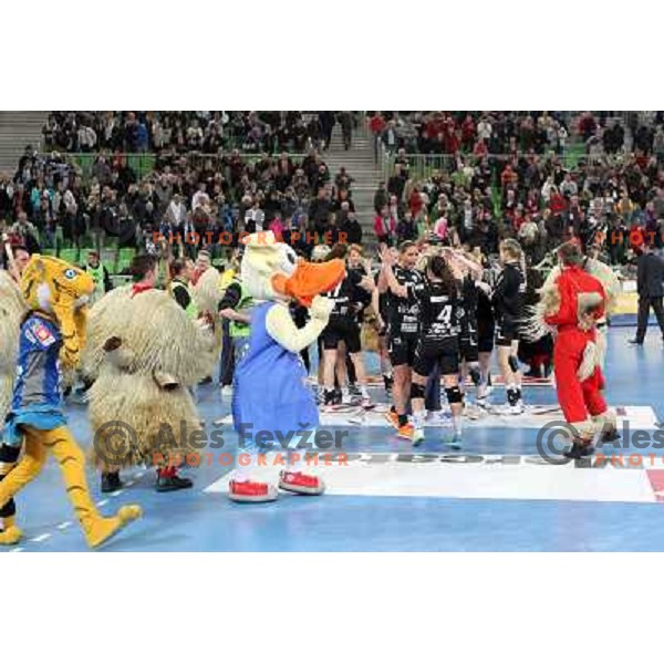 Fans of Krim Mercator in action during handball match Krim Mercator-Oltchim Valcea in EHF Women\'s Champions league, played in Arena Stozice, Ljubljana, Slovenia on February 10, 2013 