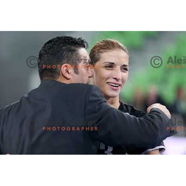 Goran Dujic and Andrea Penezic of Krim Mercator during handball match Krim Mercator-Oltchim Valcea in EHF Women\'s Champions league, played in Arena Stozice, Ljubljana, Slovenia on February 10, 2013 