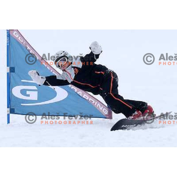 Sara Goltes 12-years old snowboard racer during Goltes Carving festival at Rogla Ski resort, Slovenia on February 15, 2013 