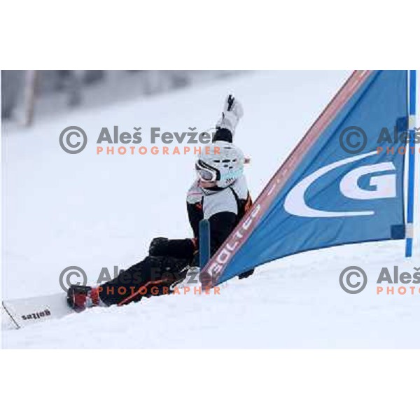 Sara Goltes 12-years old snowboard racer during Goltes Carving festival at Rogla Ski resort, Slovenia on February 15, 2013 