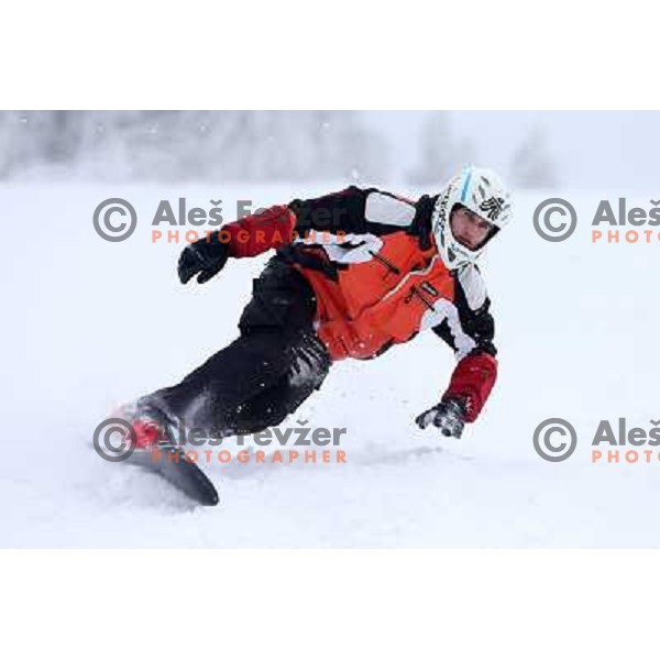 Fresh powder action during Goltes Carving festival at Rogla Ski resort, Slovenia on February 15, 2013 