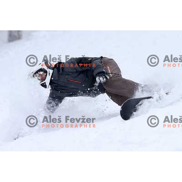 Fresh powder action during Goltes Carving festival at Rogla Ski resort, Slovenia on February 15, 2013 