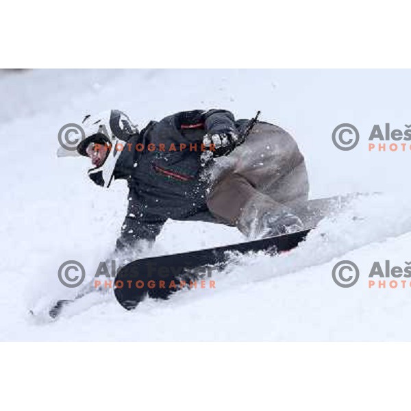 Fresh powder action during Goltes Carving festival at Rogla Ski resort, Slovenia on February 15, 2013 