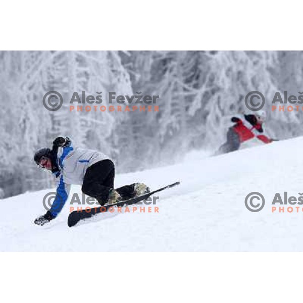 Fresh powder action during Goltes Carving festival at Rogla Ski resort, Slovenia on February 15, 2013 