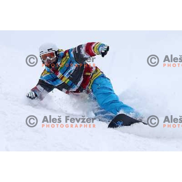 Fresh powder action during Goltes Carving festival at Rogla Ski resort, Slovenia on February 15, 2013 
