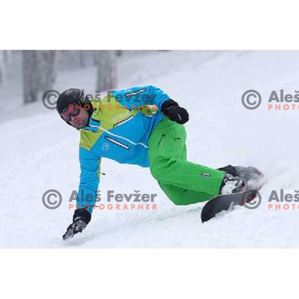 Fresh powder action during Goltes Carving festival at Rogla Ski resort, Slovenia on February 15, 2013 
