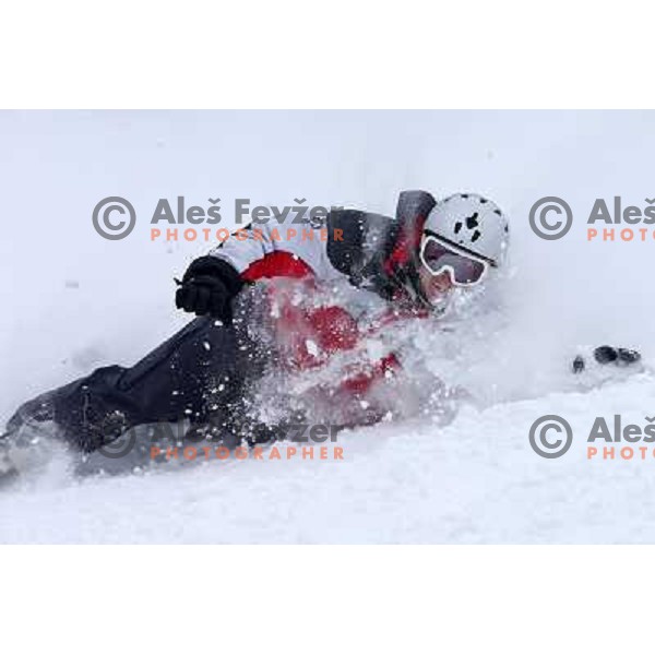 Fresh powder action during Goltes Carving festival at Rogla Ski resort, Slovenia on February 15, 2013 