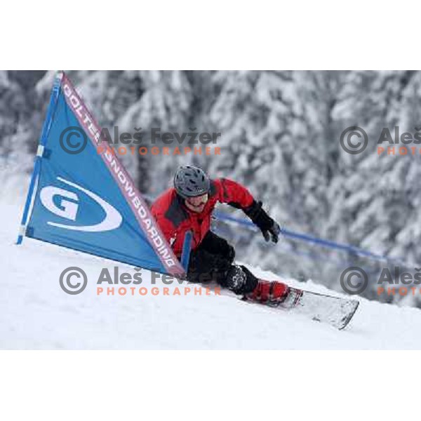 Fresh powder action during Goltes Carving festival at Rogla Ski resort, Slovenia on February 15, 2013 