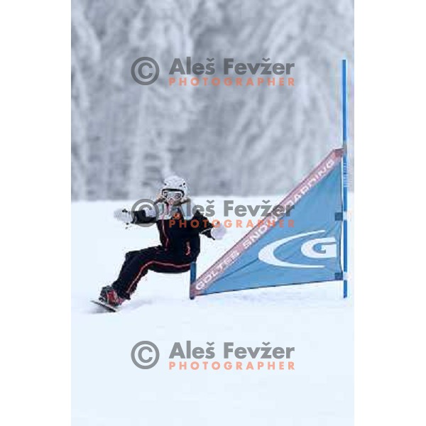 Sara Goltes 12-years old snowboard racer during Goltes Carving festival at Rogla Ski resort, Slovenia on February 15, 2013 