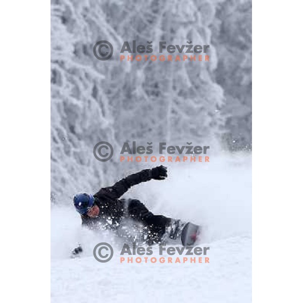 Fresh powder action during Goltes Carving festival at Rogla Ski resort, Slovenia on February 15, 2013 