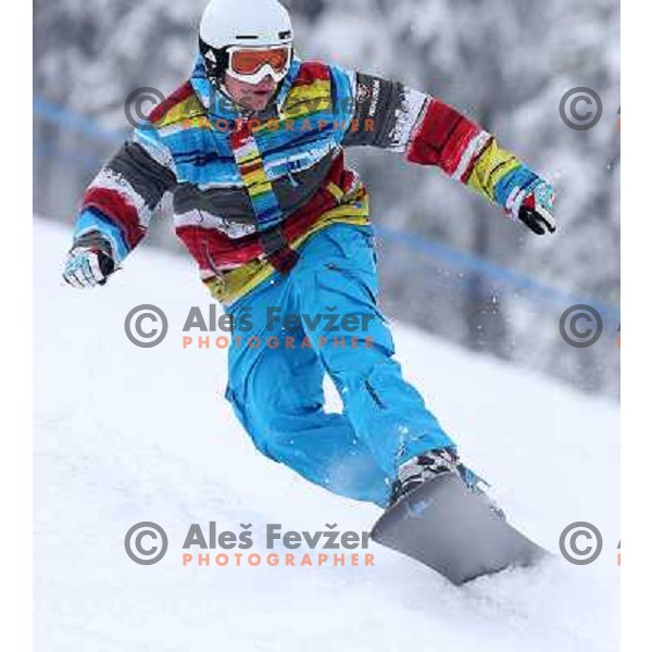 Fresh powder action during Goltes Carving festival at Rogla Ski resort, Slovenia on February 15, 2013 