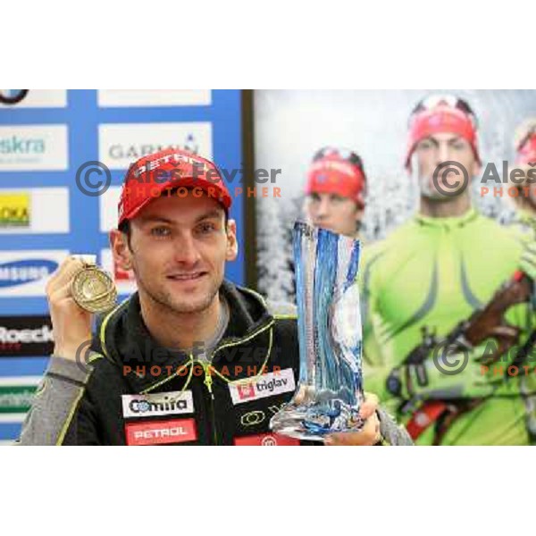 Jakov Fak of Slovenia showing bronze medal from World Biathlon Championships 2013 at press conference in Ljubljana on February 18, 2013 
