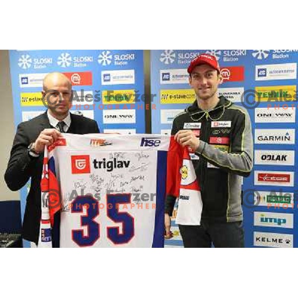 Dejan Kontrec and Jakov Fak at press conference after World Biathlon Championships 2013 in Ljubljana,Slovenia on February 18, 2013 