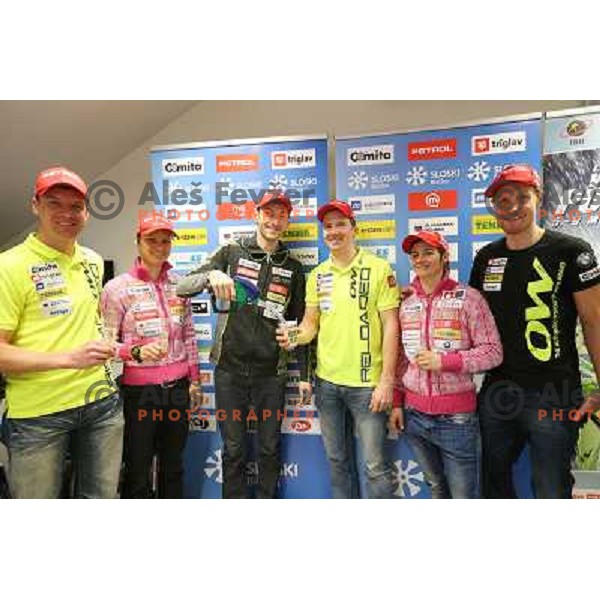 Janez Maric, Teja Gregorin, Jakov Fak, Peter Dokl, Andreja Mali,Klemnen Bauer at press conference after World Biathlon Championships 2013 in Ljubljana,Slovenia on February 18, 2013 