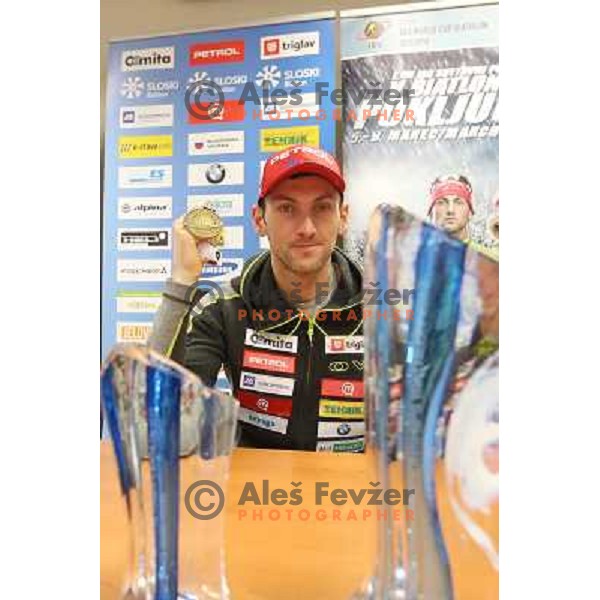Jakov Fak of Slovenia showing bronze medal from World Biathlon Championships 2013 at press conference in Ljubljana on February 18, 2013 