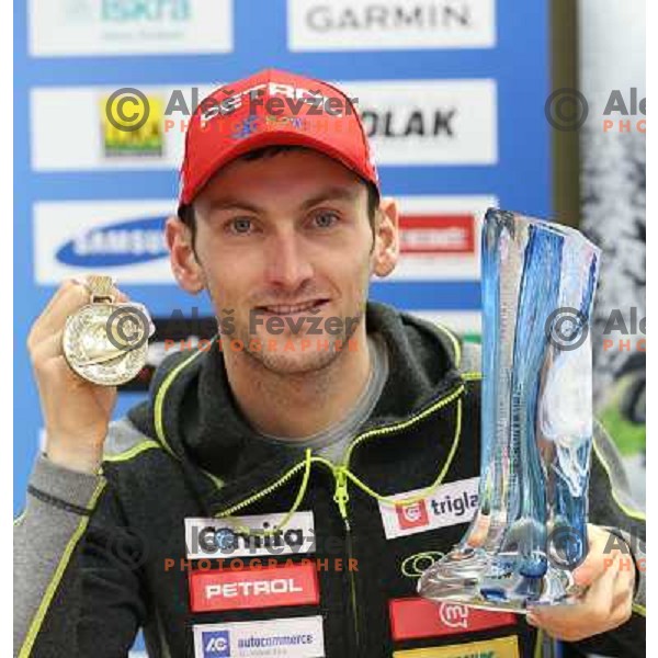 Jakov Fak of Slovenia showing bronze medal from World Biathlon Championships 2013 at press conference in Ljubljana on February 18, 2013 