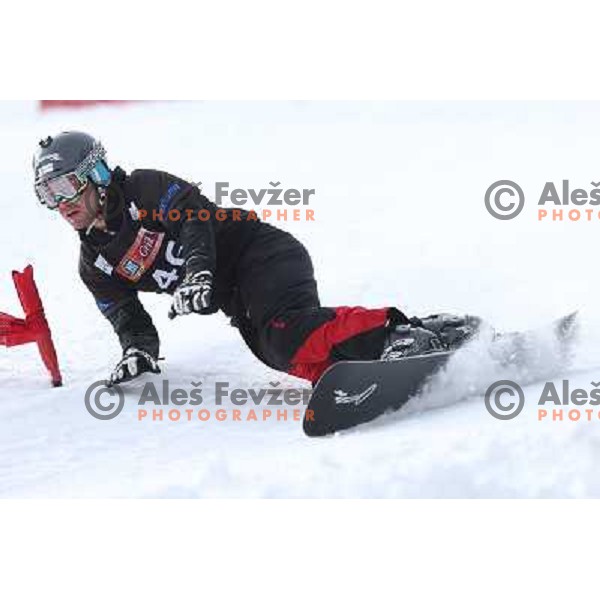 Jure Hafner of Slovenia in action during FIS Snowboard World Cup in Parallel Giant Slalom at Rogla, Slovenia on February 8, 2013 
