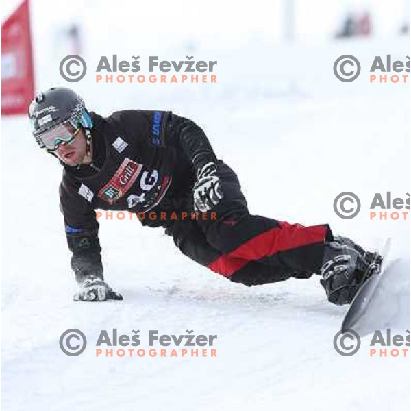 Jure Hafner of Slovenia in action during FIS Snowboard World Cup in Parallel Giant Slalom at Rogla, Slovenia on February 8, 2013 