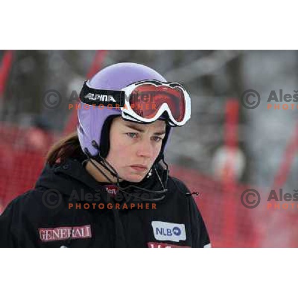 Tina Maze of Slovenia, winner of Audi FIS Ski World Cup slalom for 49.Golden Fox Trophy-Zlata Lisica in Maribor, Slovenia in January 27, 2013 during course inspection 