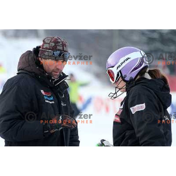 Coach Andrea Massi and Tina Maze of Slovenia, winner of Audi FIS Ski World Cup slalom for 49.Golden Fox Trophy-Zlata Lisica in Maribor, Slovenia in January 27, 2013 during course inspection 