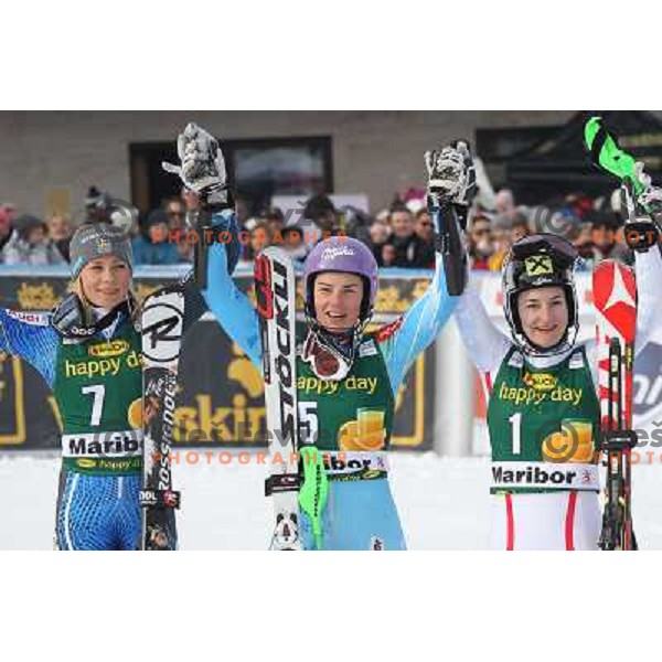 Frida Hansdotter (SWE) ,Tina Maze of Slovenia, winner of Audi FIS Ski World Cup slalom for 49.Golden Fox Trophy-Zlata Lisica, Kathrin Zettel (AUT) in Maribor, Slovenia in January 27, 2013 