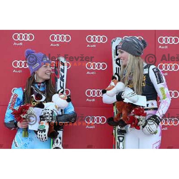 Tina Maze and Lindsey Vonn of USA, winner of Audi FIS Ski World Cup giant slalom for 49.Golden Fox Trophy-Zlata Lisica in Maribor, Slovenia in January 26, 2013 during course inspection 