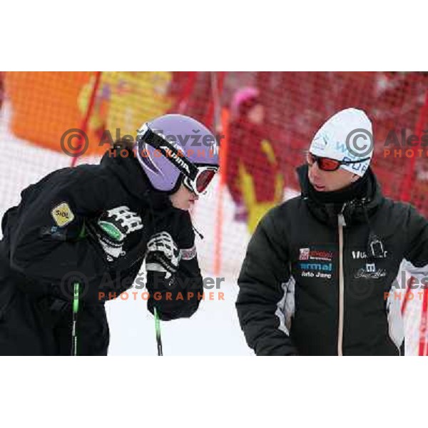 Coach Livio Magoni and Tina Maze of Slovenia during course inspection at Audi FIS Ski World Cup giant slalom for 49.Golden Fox Trophy-Zlata Lisica in Maribor, Slovenia in January 26, 2013 