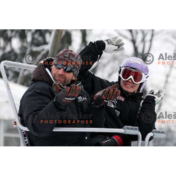 Coach Andrea Massi and Tina Maze of Slovenia during course inspection at Audi FIS Ski World Cup giant slalom for 49.Golden Fox Trophy-Zlata Lisica in Maribor, Slovenia in January 26, 2013 