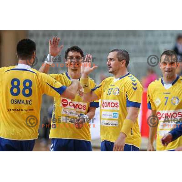 jure Dobelsek and Milorad Krivokapic of Cimos Koper in action during handball match Cimos Koper-Gorenje Velenje in round 8 of 1.NLB leasing league 2012/13, played in Bonifika Hall, Koper, Slovenia on October 27, 2012 